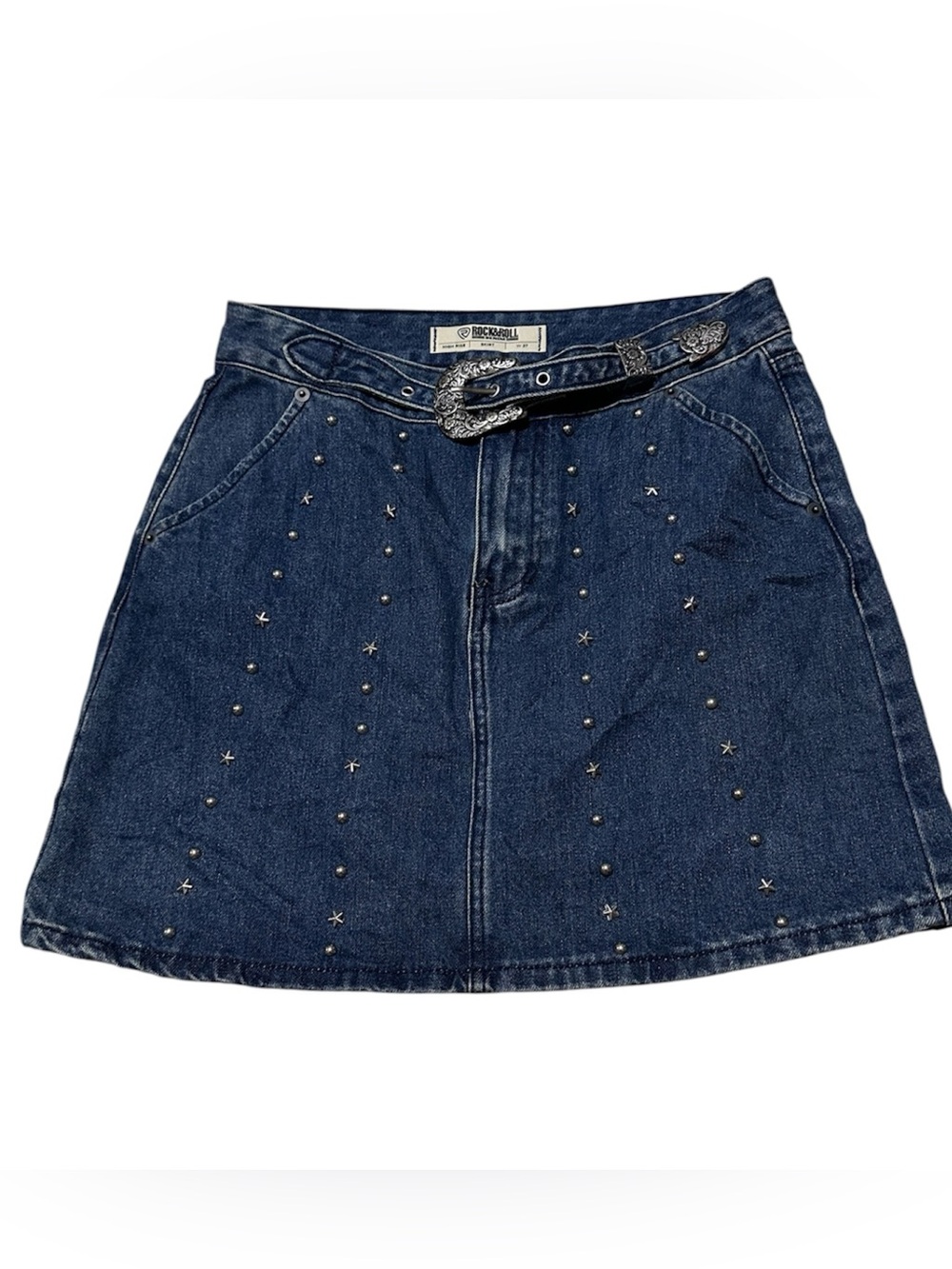 Studded Dark Blue Denim Midi Skirt with Western Belt